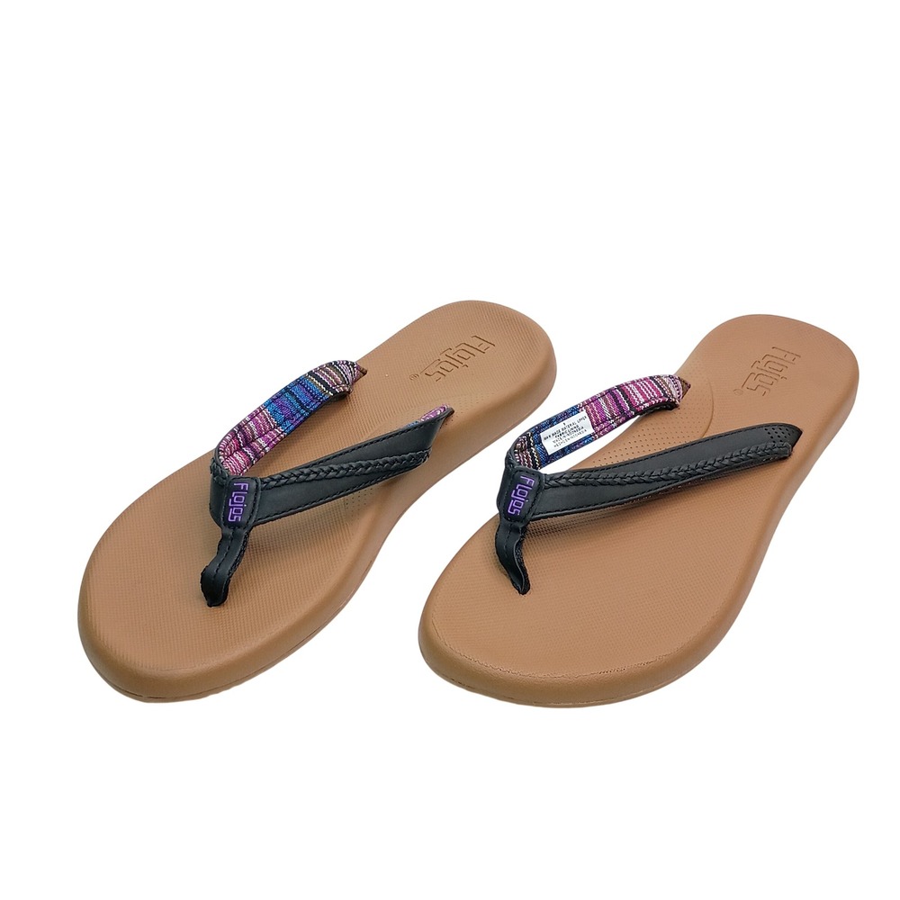 Flojos Fiesta Flip Flop Women Size 9 Tan Multi Color Woven Fabric Strap Sandals